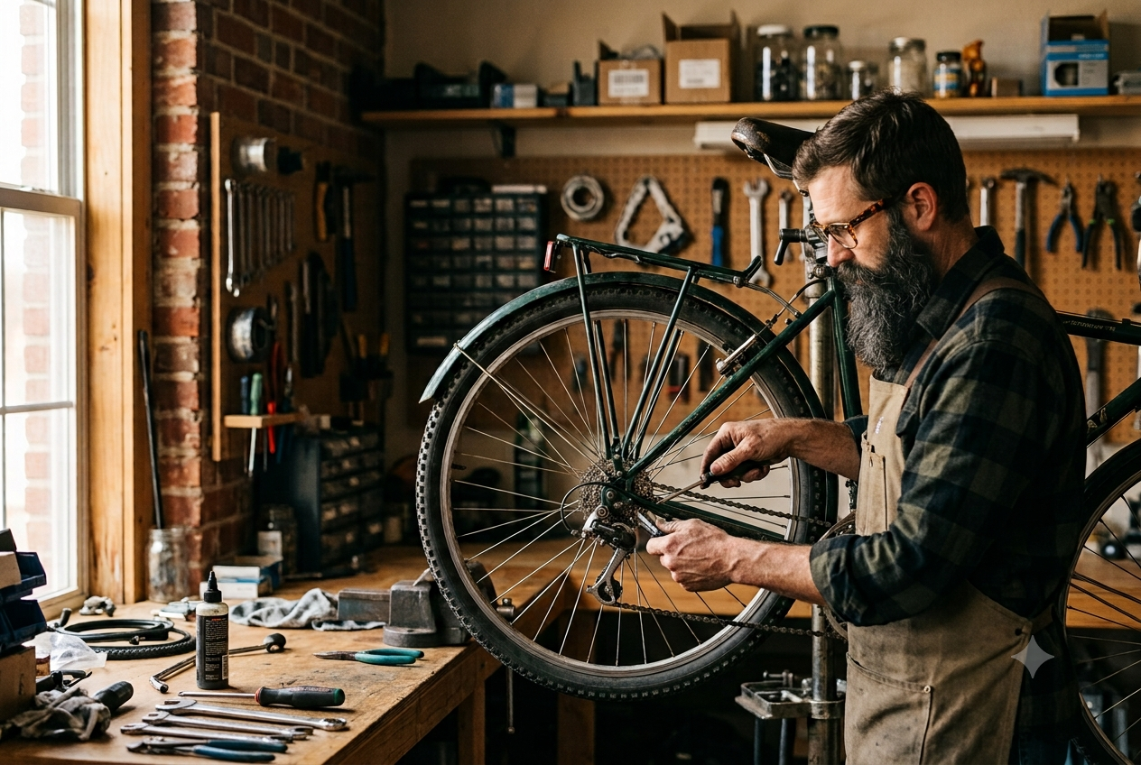 A bicycle being serviced at a repair workbench